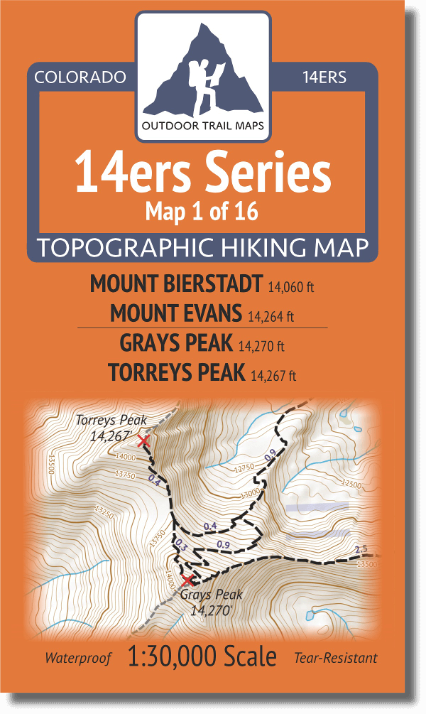 Outdoor Trail Maps Bierstadt, Evans 14er Map