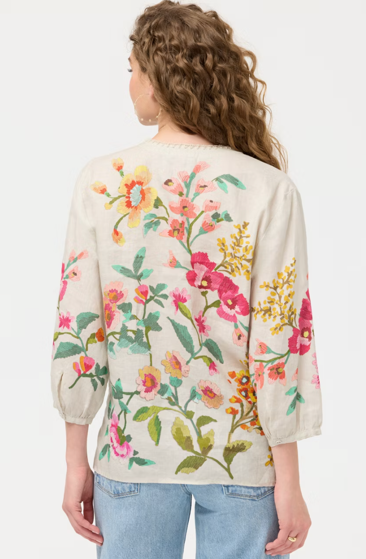 Johnny Was Split Neck Linen Blouse - Miraze - Womens
