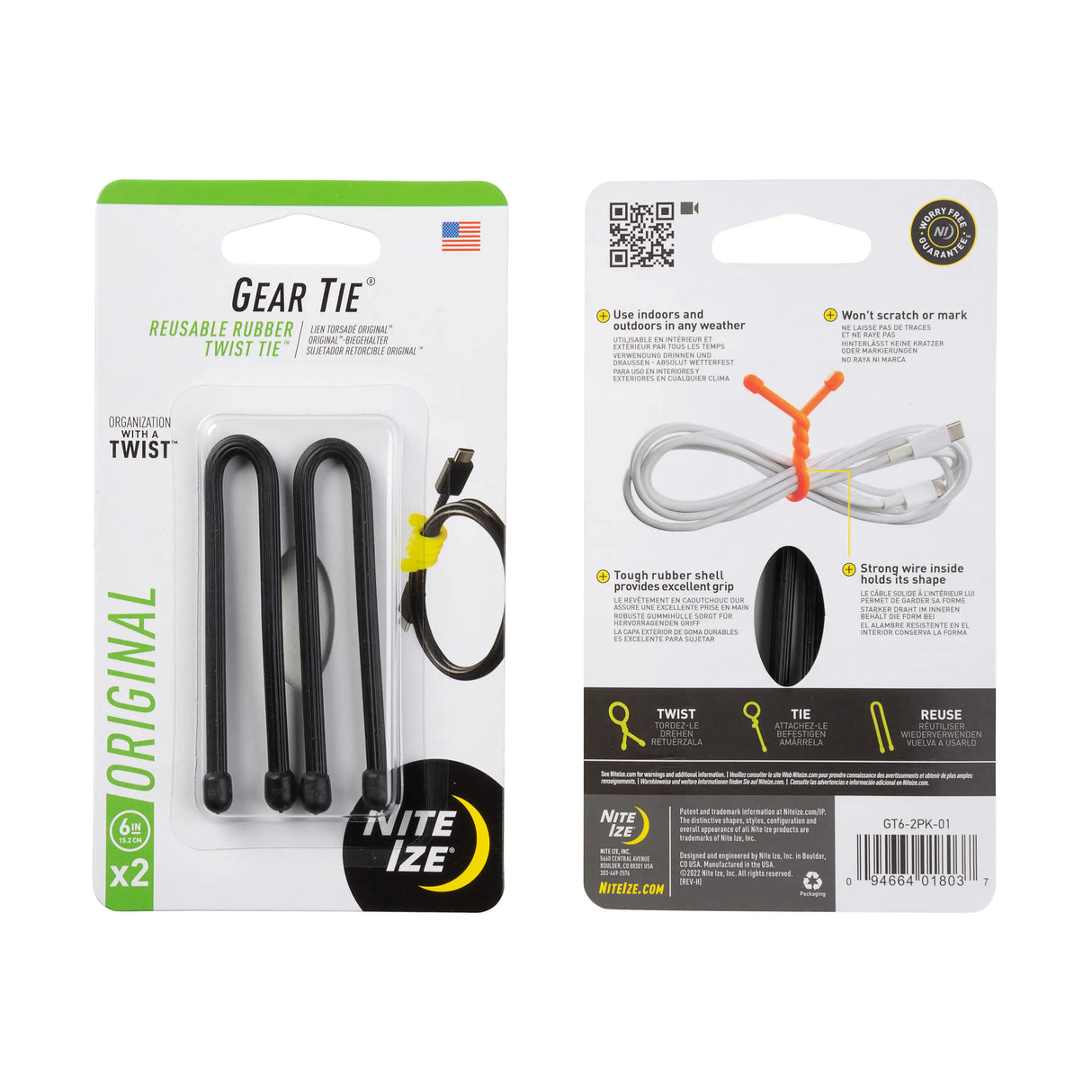 Nite-Ize Gear Tie Reusable Rubber Twist Tie - 2 Pack Black