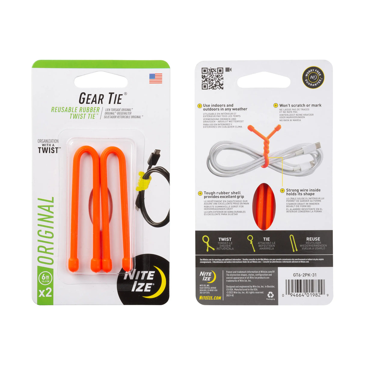 Nite-Ize Gear Tie Reusable Rubber Twist Tie - 2 Pack Orange