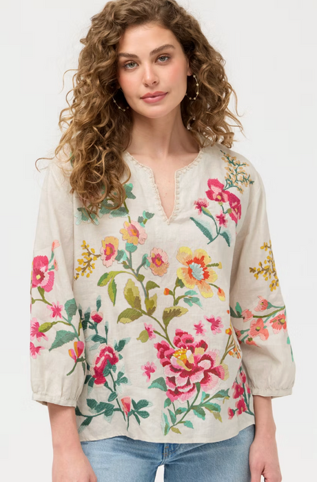 Johnny Was Split Neck Linen Blouse - Miraze - Womens Ecru Miraze