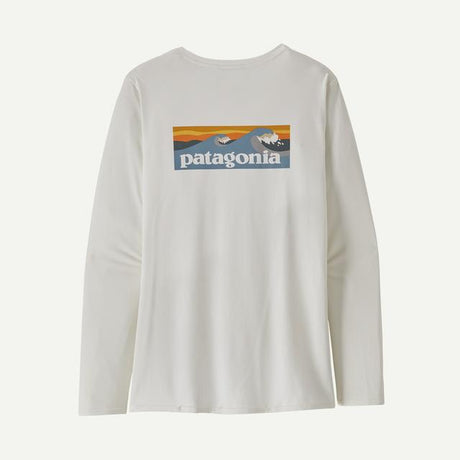 Patagonia Long Sleeve Cap Cool Daily Graphic Shirt - Womens Boardshort Logo Light Plume Grey: White / L